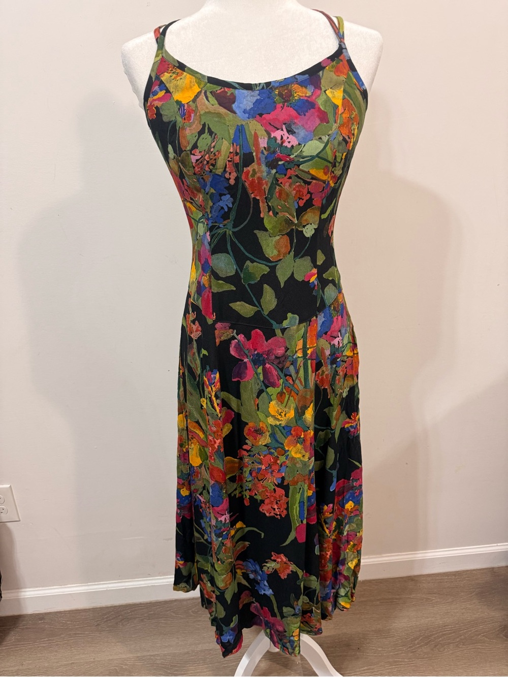 Carole Little Vintage 90's Multicolor Floral X-Back Design Midi Dress Size 4 - Picture 7 of 10